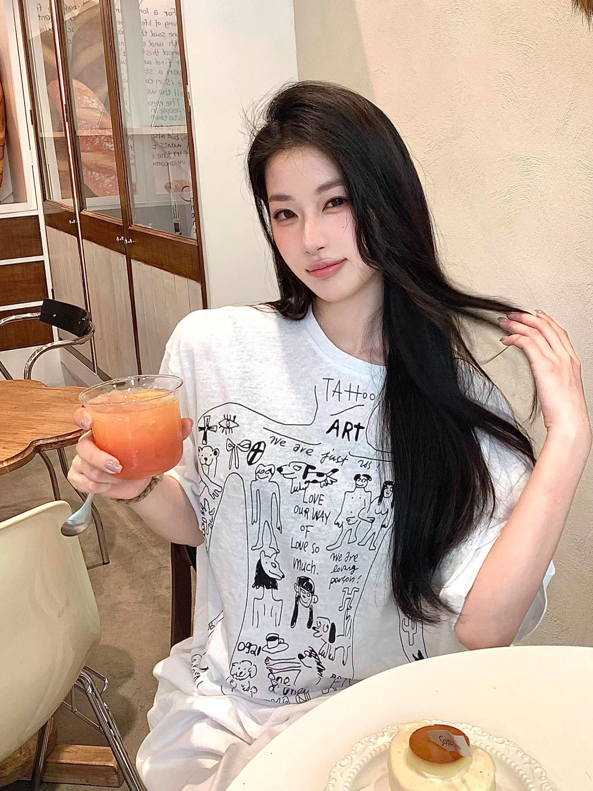 Korean Style Slightly Sheer Graffiti Print Sun Protection Loose Short Sleeve T-Shirt for Women - Casual Versatile Fashion Top Korean Style Slightly Sheer Graffiti Print Sun Protection Loose Short Sleeve T-Shirt for Women - Casual Versatile Fashion Top