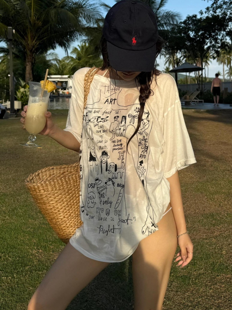 Korean Style Slightly Sheer Graffiti Print Sun Protection Loose Short Sleeve T-Shirt for Women - Casual Versatile Fashion Top Korean Style Slightly Sheer Graffiti Print Sun Protection Loose Short Sleeve T-Shirt for Women - Casual Versatile Fashion Top