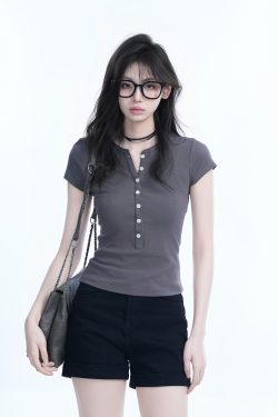 Korean Style Slim Fit Short Sleeve T-Shirt for Women with Half-Open Collar, Casual Mountain-Themed Base Shirt, Trendy Ins Fashion
