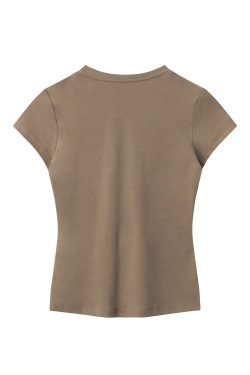 Korean Style Slim Fit Short Sleeve T-Shirt for Women with Half-Open Collar, Casual Mountain-Themed Base Shirt, Trendy Ins Fashion