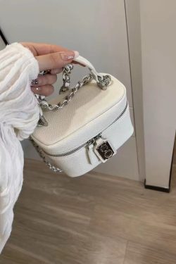 Korean-Style Small Crossbody Bag with Chain Handle, Box Design, Lock Closure, Versatile Shoulder Bag, Chic Square Purse