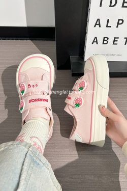 Korean Style Strawberry Heart Velcro Canvas Sneakers for Women - Breathable Sports Shoes for Students