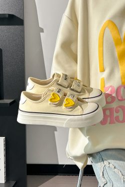 Korean Style Strawberry Heart Velcro Canvas Sneakers for Women - Breathable Sports Shoes for Students