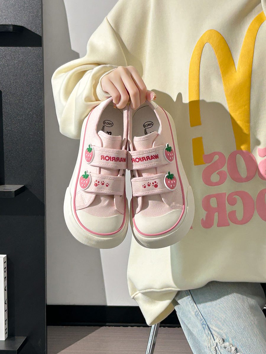 Korean Style Strawberry Heart Velcro Canvas Sneakers for Women - Breathable Sports Shoes for Students Korean Style Strawberry Heart Velcro Canvas Sneakers for Women - Breathable Sports Shoes for Students