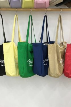 Korean-Style Striped Canvas Tote Bag - Small Double-Sided Two-Way Shoulder Bag for Summer Casual Student Use