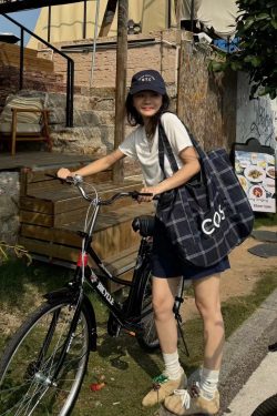 Korean-Style Striped Checkered Canvas Tote Bag, Large Capacity Casual Shoulder Bag for Everyday Use