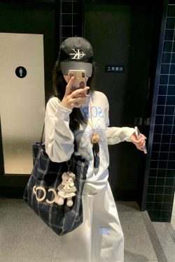 Korean-Style Striped Checkered Canvas Tote Bag, Large Capacity Casual Shoulder Bag for Everyday Use