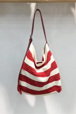 Korean Style Striped Color-Block Woven Tote Bag - Large Capacity Casual Versatile Shoulder Crossbody Bag