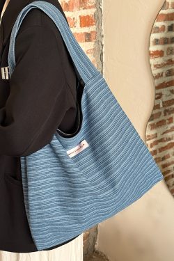 Korean-Style Striped Denim Tote Bag for Women - Large Capacity Shoulder Bag for Students and Commuters 2025