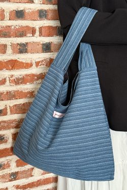 Korean-Style Striped Denim Tote Bag for Women - Large Capacity Shoulder Bag for Students and Commuters 2025