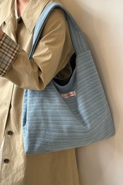 Korean-Style Striped Denim Tote Bag for Women - Large Capacity Shoulder Bag for Students and Commuters 2025