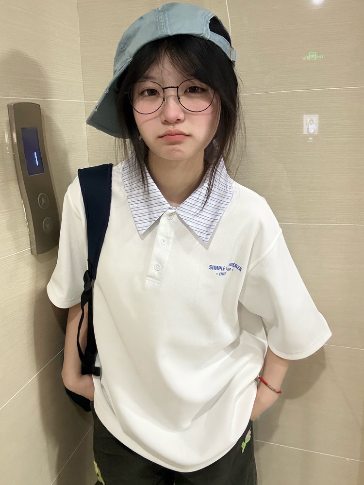 Korean Style Striped Patchwork Polo Collar White Short Sleeve T-Shirt for Women - Summer 2023 Trendy College Top Korean Style Striped Patchwork Polo Collar White Short Sleeve T-Shirt for Women - Summer 2023 Trendy College Top