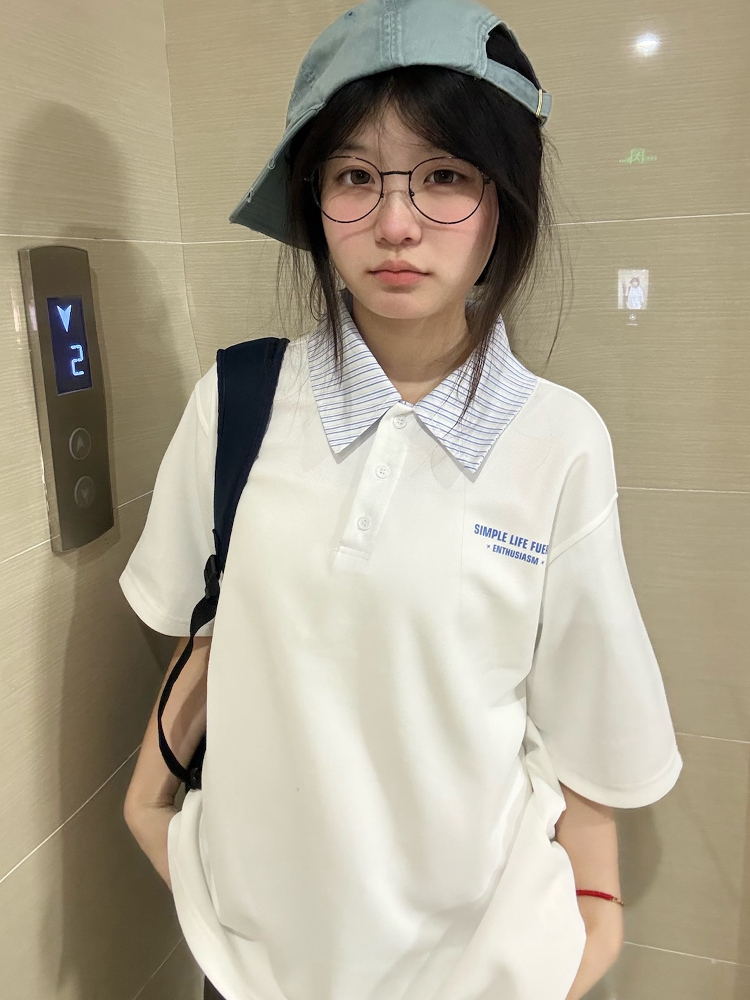 Korean Style Striped Patchwork Polo Collar White Short Sleeve T-Shirt for Women - Summer 2023 Trendy College Top Korean Style Striped Patchwork Polo Collar White Short Sleeve T-Shirt for Women - Summer 2023 Trendy College Top