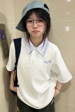 Korean Style Striped Patchwork Polo Collar White Short Sleeve T-Shirt for Women - Summer 2023 Trendy College Top