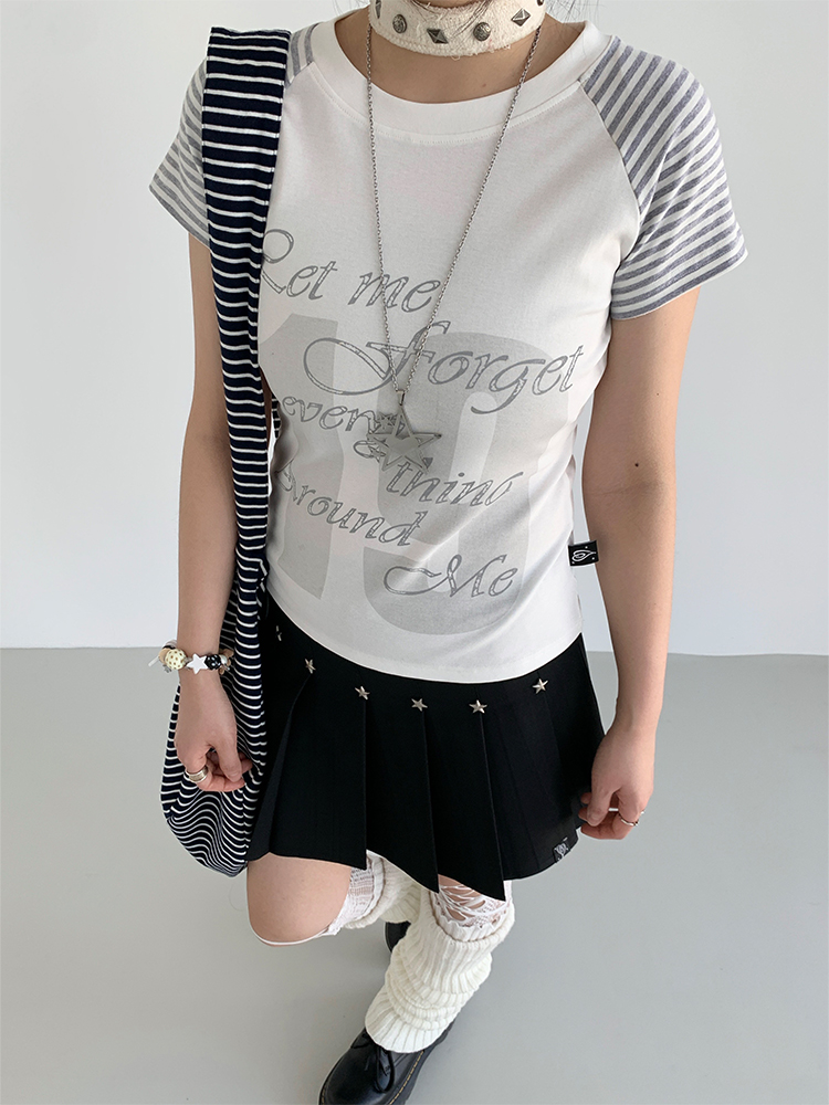 Korean Style Striped T-shirt for Women - Summer Spliced Raglan Sleeve Short Sleeve Top, Trendy Niche Fashion Korean Style Striped T-shirt for Women - Summer Spliced Raglan Sleeve Short Sleeve Top, Trendy Niche Fashion
