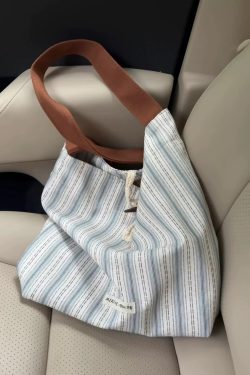 Korean-Style Striped Tote Bag for Women - Minimalist Large Capacity Color-Blocking Casual Canvas Commuter Bucket Bag