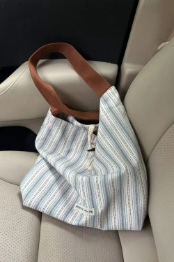 Korean-Style Striped Tote Bag for Women - Minimalist Large Capacity Color-Blocking Casual Canvas Commuter Bucket Bag