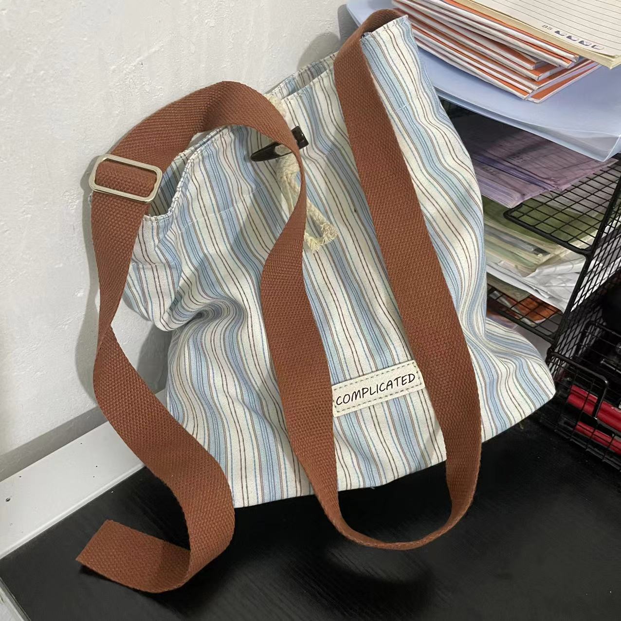 Korean-Style Striped Tote Bag for Women - Minimalist Large Capacity Color-Blocking Casual Canvas Commuter Bucket Bag Korean-Style Striped Tote Bag for Women - Minimalist Large Capacity Color-Blocking Casual Canvas Commuter Bucket Bag