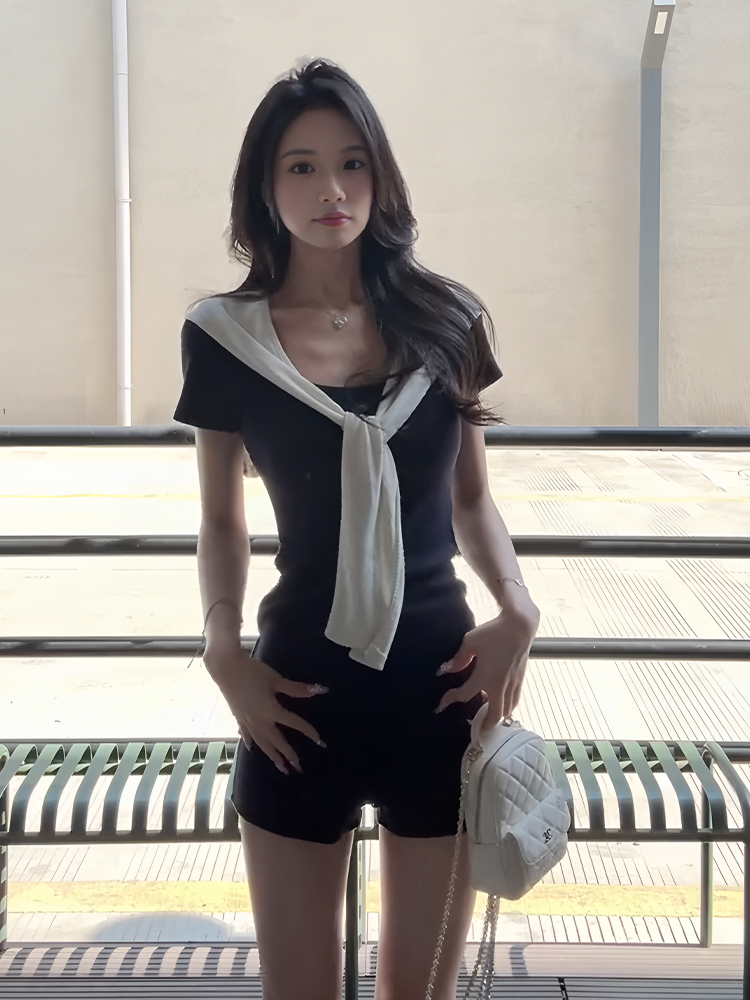 Korean Style Summer Three-Piece Set: Slim-Fit Short-Sleeve T-Shirt & Navy Blue Casual Shorts for Women Korean Style Summer Three-Piece Set: Slim-Fit Short-Sleeve T-Shirt & Navy Blue Casual Shorts for Women