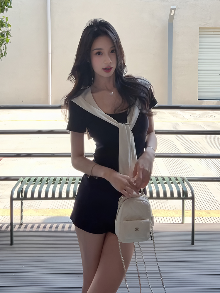 Korean Style Summer Three-Piece Set: Slim-Fit Short-Sleeve T-Shirt & Navy Blue Casual Shorts for Women Korean Style Summer Three-Piece Set: Slim-Fit Short-Sleeve T-Shirt & Navy Blue Casual Shorts for Women