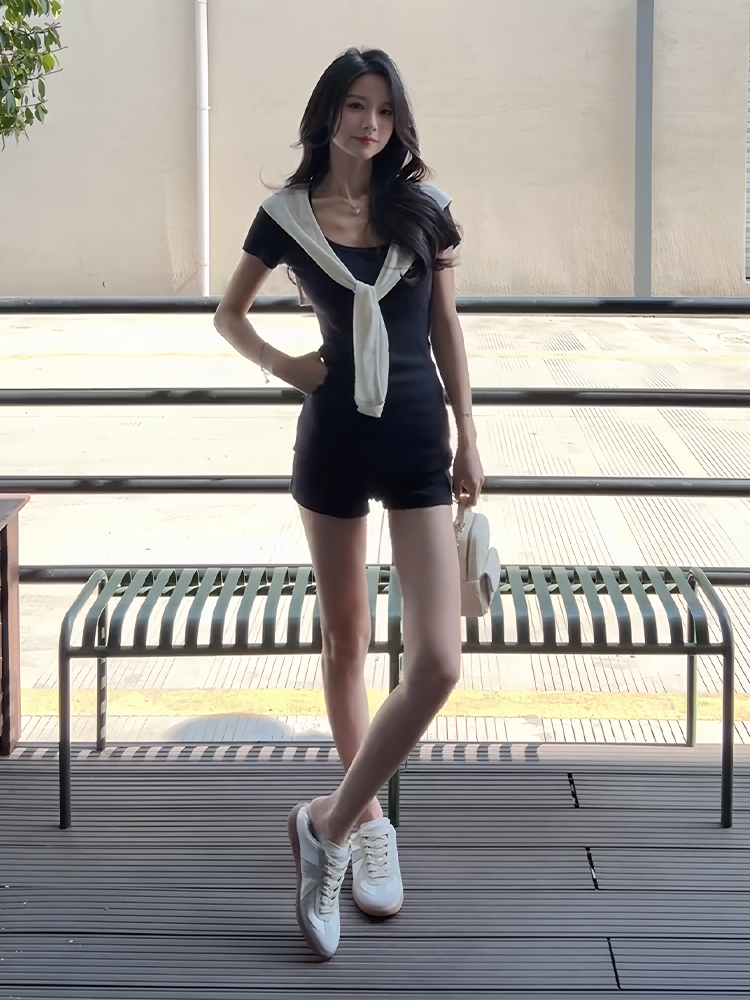 Korean Style Summer Three-Piece Set: Slim-Fit Short-Sleeve T-Shirt & Navy Blue Casual Shorts for Women Korean Style Summer Three-Piece Set: Slim-Fit Short-Sleeve T-Shirt & Navy Blue Casual Shorts for Women