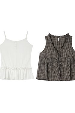 Korean-Style Two-Piece Checkered Camisole Vest Set for Women - Summer Slimming High-End Look