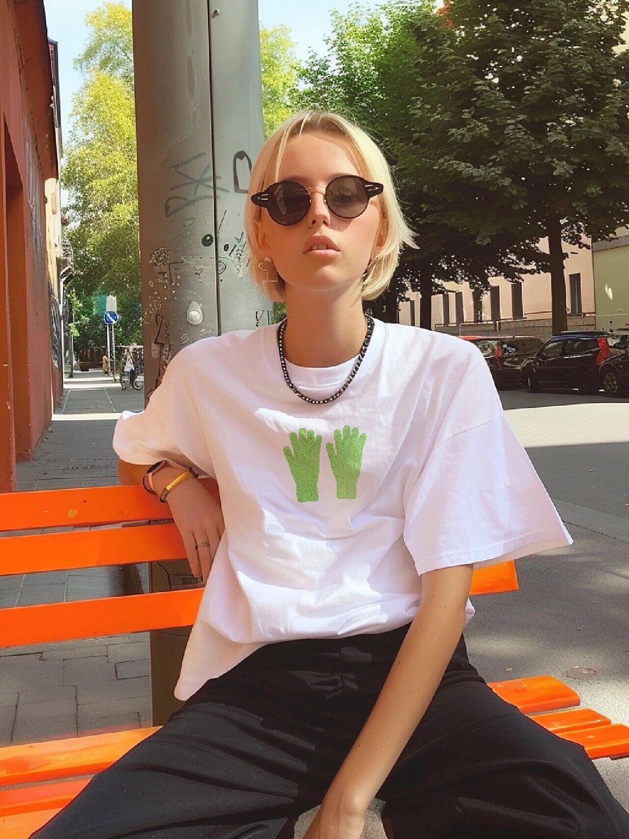 Korean Style Vintage Blue Graphic T-Shirt with Glove Print - Casual, Cotton, Trendy, Retro, Youthful Aesthetic Korean Style Vintage Blue Graphic T-Shirt with Glove Print - Casual, Cotton, Trendy, Retro, Youthful Aesthetic