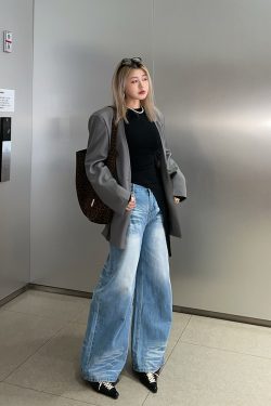 Korean-Style Washed High-Waisted Wide-Leg Jeans for Women, Loose Vintage Straight Pants, Spring Fashion Trousers