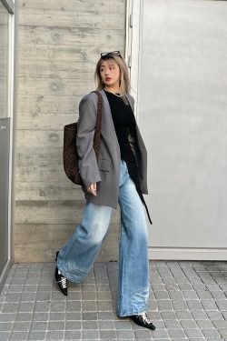 Korean-Style Washed High-Waisted Wide-Leg Jeans for Women, Loose Vintage Straight Pants, Spring Fashion Trousers