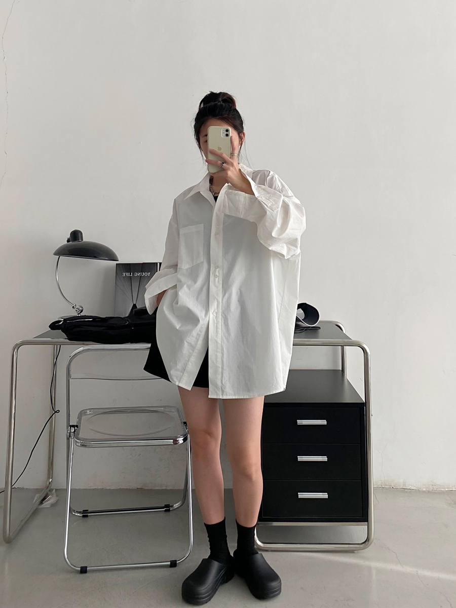 Korean Style White Long Sleeve Shirt for Women - Thin Cotton Casual Top in Sun Grapefruit, Perfect for Spring and Autumn Korean Style White Long Sleeve Shirt for Women - Thin Cotton Casual Top in Sun Grapefruit, Perfect for Spring and Autumn