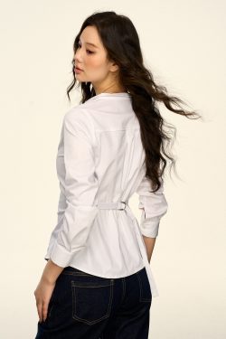 Korean-Style White V-Neck Long Sleeve Shirt for Women - Sexy Waist-Cinching Slim Fit Spring Autumn Top