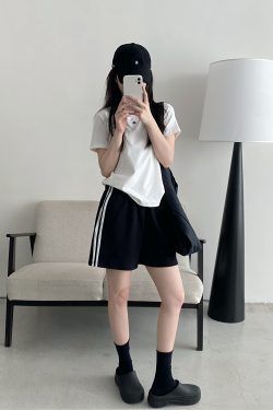 Korean Style Women's Summer Casual Striped Sports Shorts - Sun Grapefruit Straight-Leg Five-Point Sweatpants