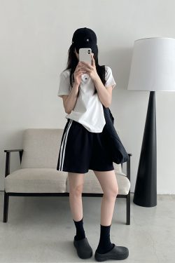 Korean Style Women's Summer Casual Striped Sports Shorts - Sun Grapefruit Straight-Leg Five-Point Sweatpants