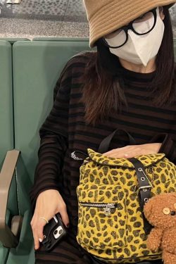 Korean Style Wool Leopard Print Double Shoulder Women's Backpack, Versatile Large Capacity Commuter Bag for Students