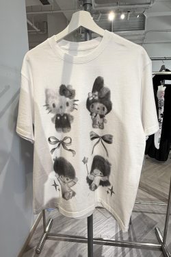 Korean Style Youthful Kitty Cartoon Print Casual Loose Fit Pure Cotton Short-Sleeve T-Shirt Top