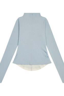 Korean Style Zipper Knitted Long Sleeve T-Shirt - Slim Fit Fake Two-Piece Design with Flattering Base for Spring Fashion