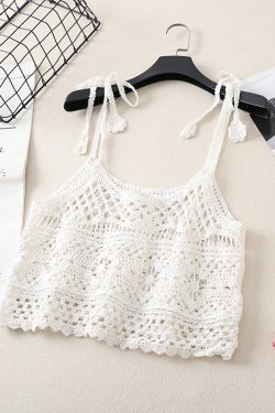 Lace Crochet Hollow Knit Tie-Back Tank Top for Women, Vintage Loose Sleeveless Cropped Summer Outerwear, Y2K Style