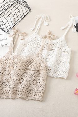 Lace Crochet Hollow Knit Tie-Back Tank Top for Women, Vintage Loose Sleeveless Cropped Summer Outerwear, Y2K Style