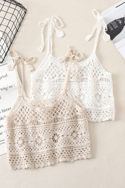 Lace Crochet Hollow Knit Tie-Back Tank Top for Women, Vintage Loose Sleeveless Cropped Summer Outerwear, Y2K Style