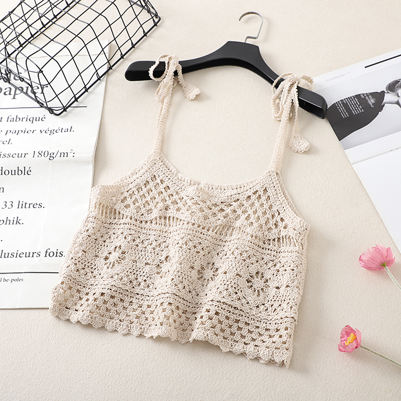 Lace Crochet Hollow Knit Tie-Back Tank Top for Women, Vintage Loose Sleeveless Cropped Summer Outerwear, Y2K Style Lace Crochet Hollow Knit Tie-Back Tank Top for Women, Vintage Loose Sleeveless Cropped Summer Outerwear, Y2K Style