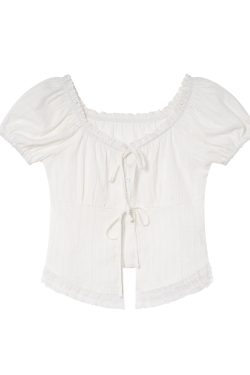 Lace Edge Tie Short-Sleeve Shirt for Women, Sweet Wind Summer Top, Exquisite Blouse, Stylish Summer Fashion, Y2K Inspired