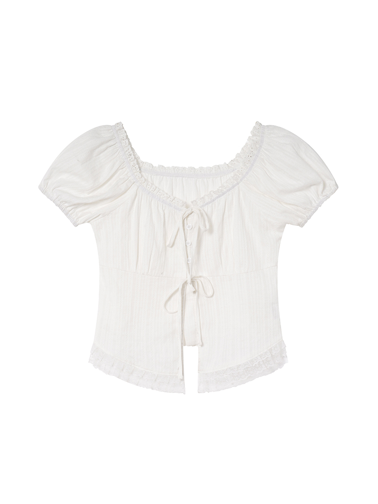 Lace Edge Tie Short-Sleeve Shirt for Women, Sweet Wind Summer Top, Exquisite Blouse, Stylish Summer Fashion, Y2K Inspired Lace Edge Tie Short-Sleeve Shirt for Women, Sweet Wind Summer Top, Exquisite Blouse, Stylish Summer Fashion, Y2K Inspired