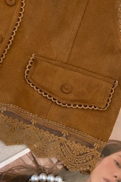 Lace Embroidered Patchwork Suede Vest for Women - Boho Short Cardigan for Travel Outfits, Ideal for 90s and Y2K Styles