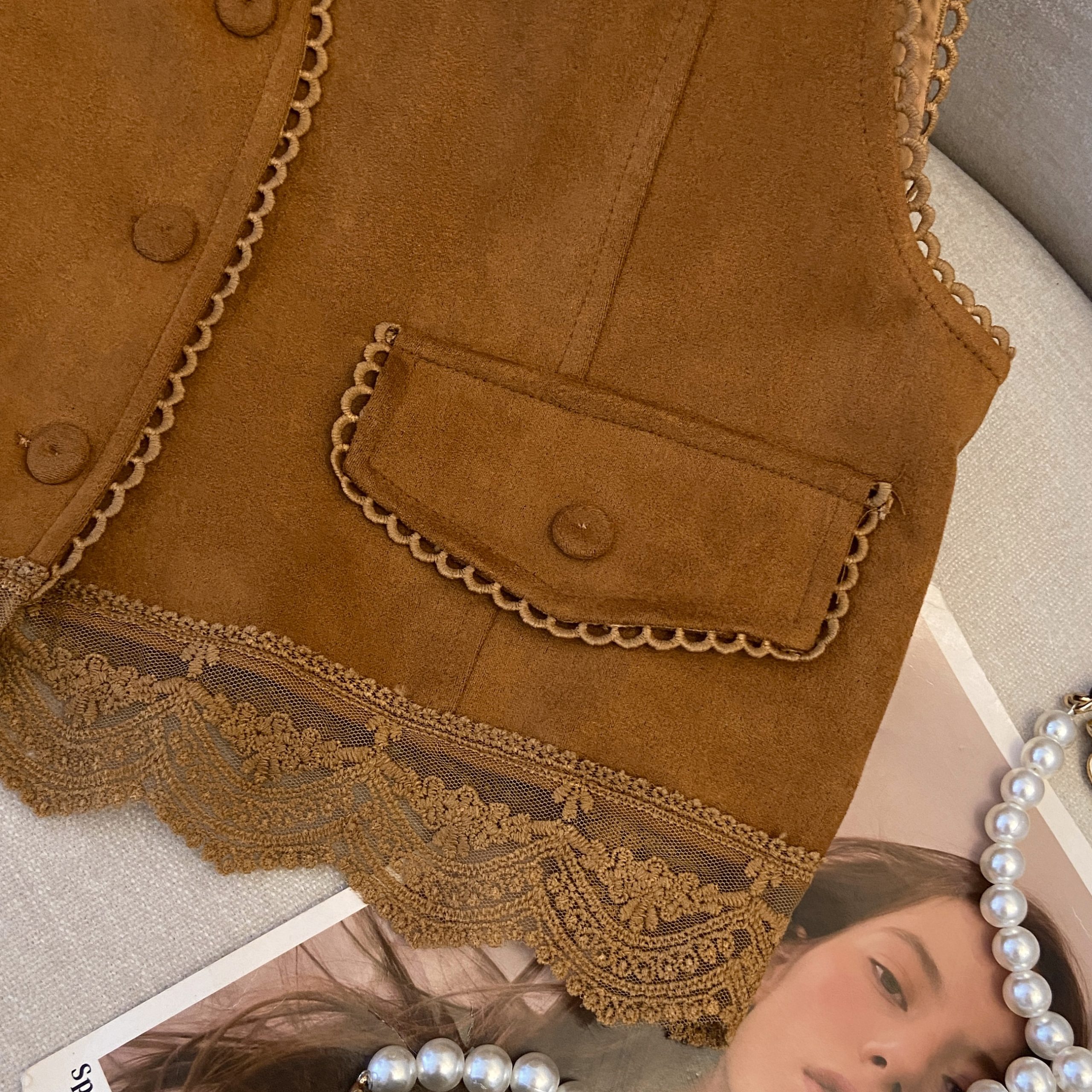 Lace Embroidered Patchwork Suede Vest for Women - Boho Short Cardigan for Travel Outfits, Ideal for 90s and Y2K Styles Lace Embroidered Patchwork Suede Vest for Women - Boho Short Cardigan for Travel Outfits, Ideal for 90s and Y2K Styles