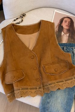 Lace Embroidered Patchwork Suede Vest for Women - Boho Short Cardigan for Travel Outfits, Ideal for 90s and Y2K Styles
