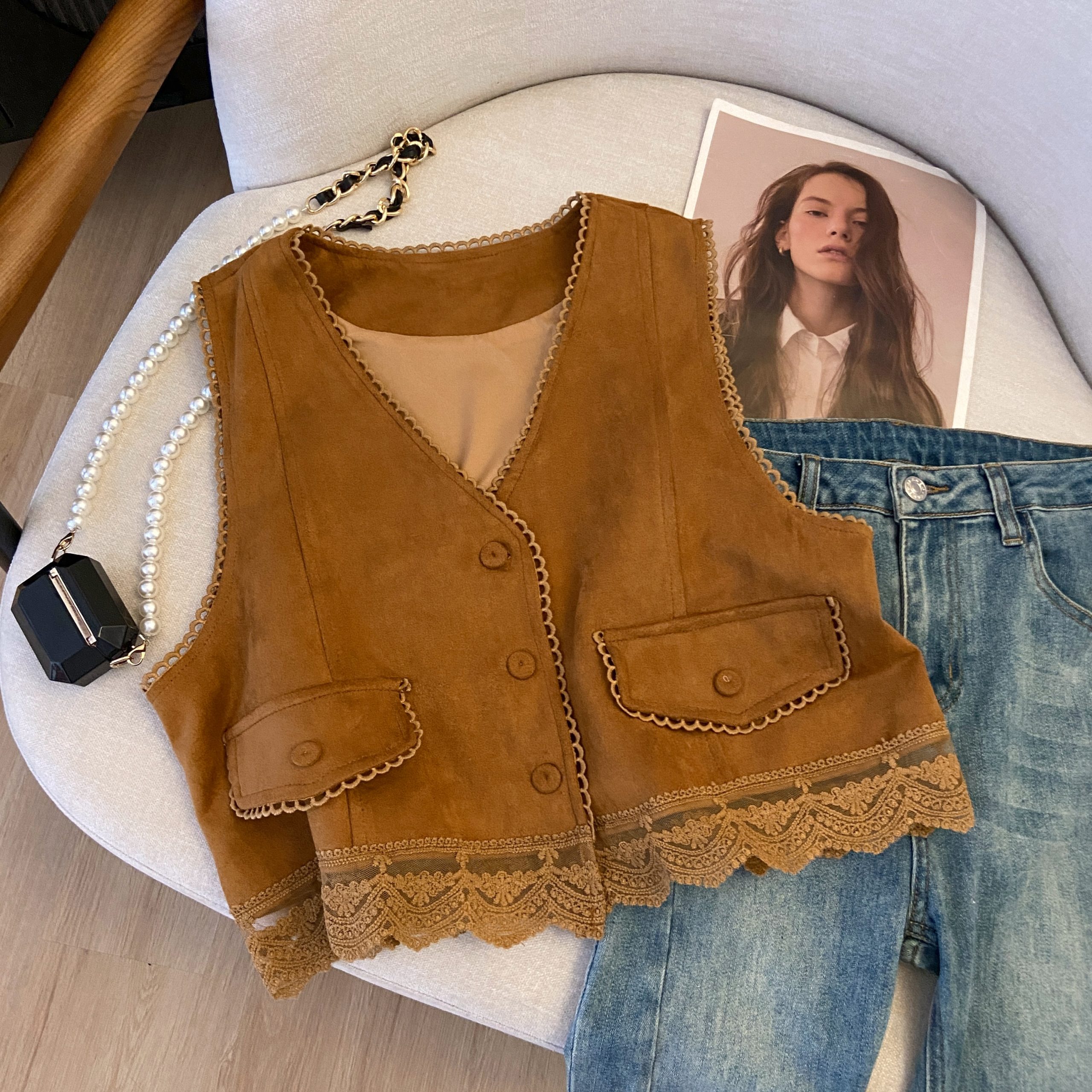 Lace Embroidered Patchwork Suede Vest for Women - Boho Short Cardigan for Travel Outfits, Ideal for 90s and Y2K Styles Lace Embroidered Patchwork Suede Vest for Women - Boho Short Cardigan for Travel Outfits, Ideal for 90s and Y2K Styles
