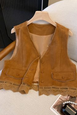 Lace Embroidered Patchwork Suede Vest for Women - Boho Short Cardigan for Travel Outfits, Ideal for 90s and Y2K Styles