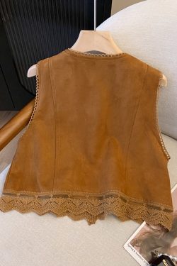 Lace Embroidered Patchwork Suede Vest for Women - Boho Short Cardigan for Travel Outfits, Ideal for 90s and Y2K Styles
