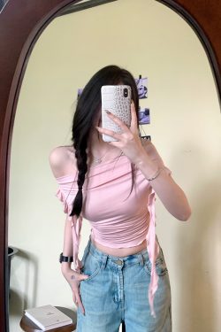 Lace Holiday Tune One-Shoulder Ruffle Edge Short Sleeve T-Shirt for Women - Flowing White Summer Top, Y2K Inspired Fashion