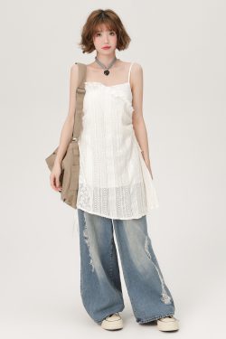 Lace Hollow-Out Camisole Dress for Women - Summer Layered Loose Slimming Dress, Girly Style, Niche Fashion, Y2K Trend
